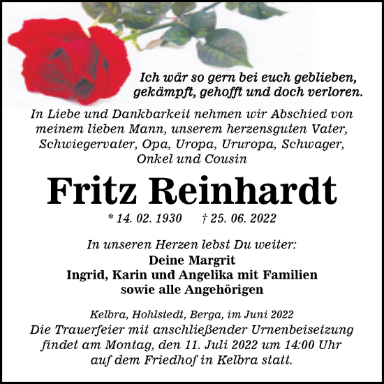 Traueranzeige von Fritz Reinhardt von Trauerkombi Sangerhausen