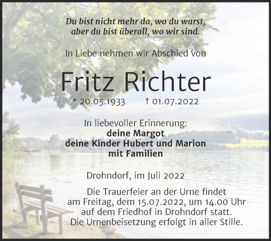 Traueranzeige von Fritz Richter von Trauerkombi Aschersleben