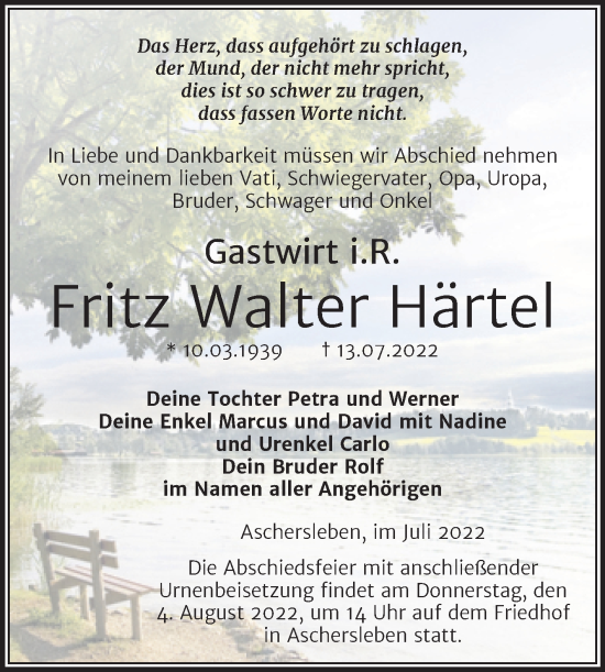 Traueranzeige von Fritz Walter Härtel von Trauerkombi Aschersleben