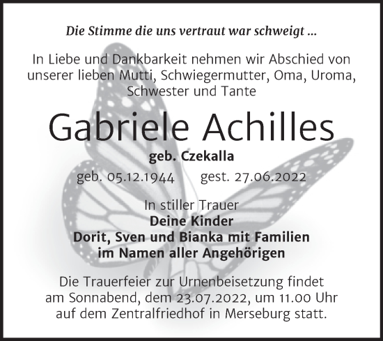 Traueranzeige von Gabriele Achilles von Trauerkombi Merseburg