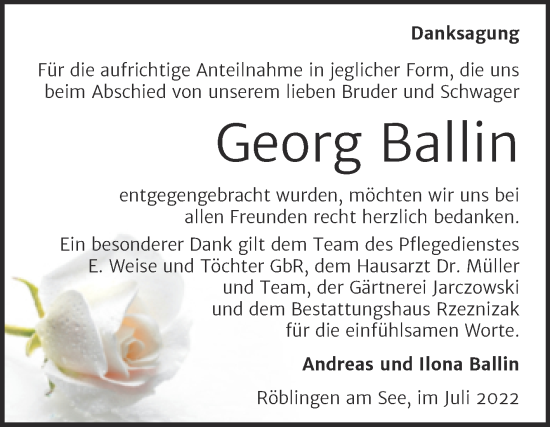 Traueranzeige von Georg Ballin von Trauerkombi Mansfelder Land