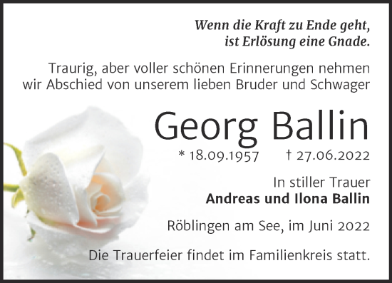 Traueranzeige von Georg Ballin von Trauerkombi Mansfelder Land