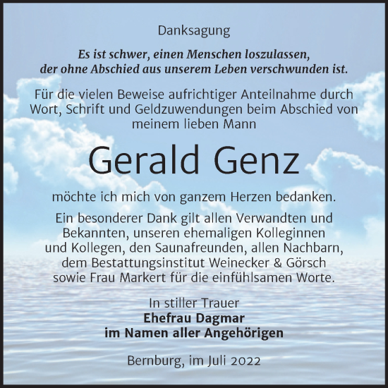 Traueranzeige von Gerald Genz von Trauerkombi Bernburg