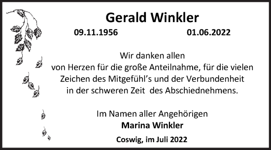 Traueranzeige von Gerald Winkler von Trauerkombi Wittenberg