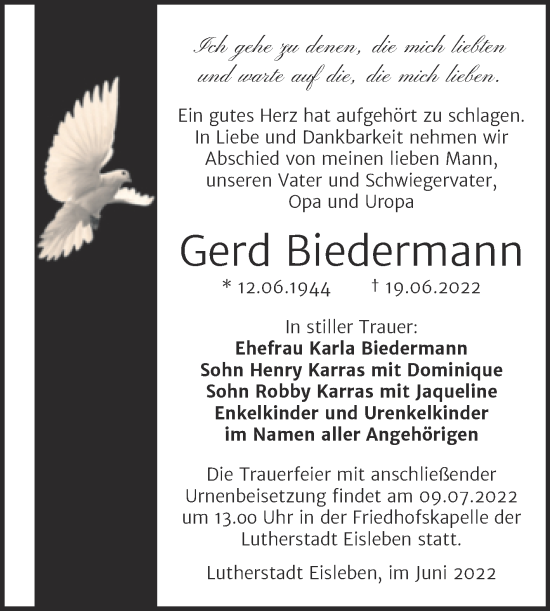 Traueranzeige von Gerd Biedermann von Trauerkombi Mansfelder Land