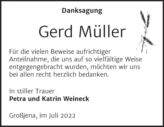 Traueranzeige von Gerd Müller von Wochenspiegel Naumburg/Nebra