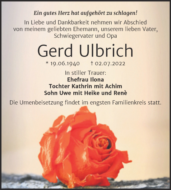 Traueranzeige von Gerd Ulbrich von Trauerkombi Bitterfeld
