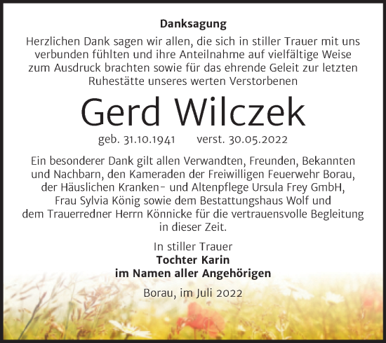 Traueranzeige von Gerd Wilczek von Trauerkombi Weißenfels