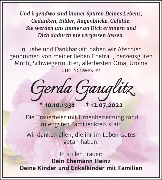 Traueranzeige von Gerda Gauglitz von Trauerkombi Weißenfels