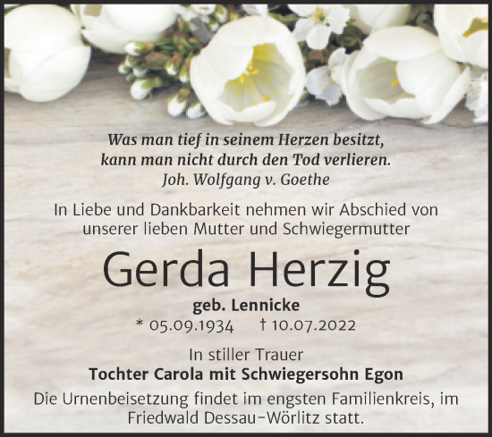 Traueranzeige von Gerda Herzig von Trauerkombi Köthen