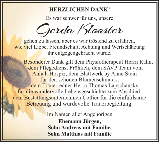 Traueranzeige von Gerda Klooster von Trauerkombi Dessau