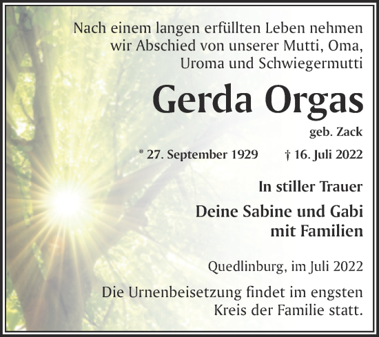 Traueranzeige von Gerda Orgas von Trauerkombi Quedlinburg