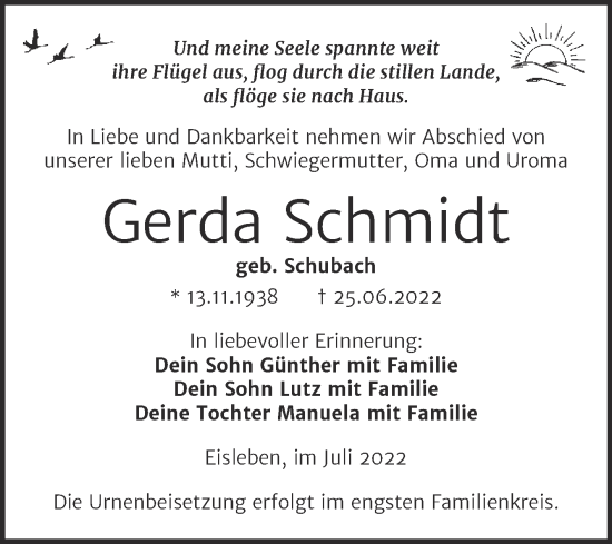 Traueranzeige von Gerda Schmidt von Trauerkombi Mansfelder Land