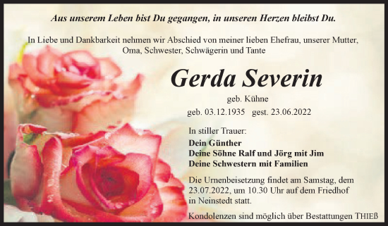 Traueranzeige von Gerda Severin von Trauerkombi Quedlinburg