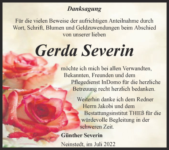 Traueranzeige von Gerda Severin von Trauerkombi Quedlinburg