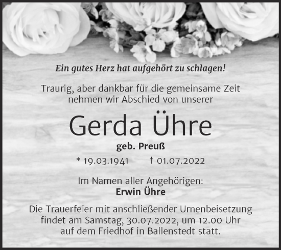 Traueranzeige von Gerda Ühre von Trauerkombi Quedlinburg
