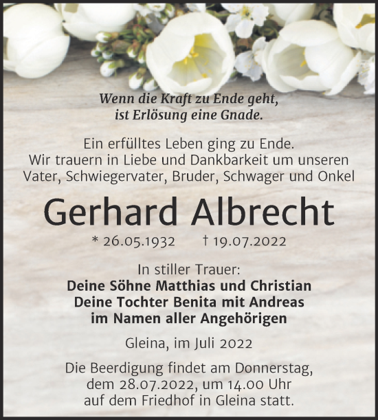Traueranzeige von Gerhard Albrecht von Naumburger Tageblatt