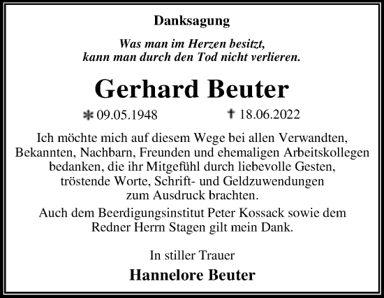 Traueranzeige von Gerhard Beuter von Trauerkombi Wittenberg