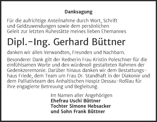 Traueranzeige von Gerhard Büttner von Trauerkombi Dessau