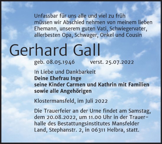 Traueranzeige von Gerhard Gall von Trauerkombi Mansfelder Land