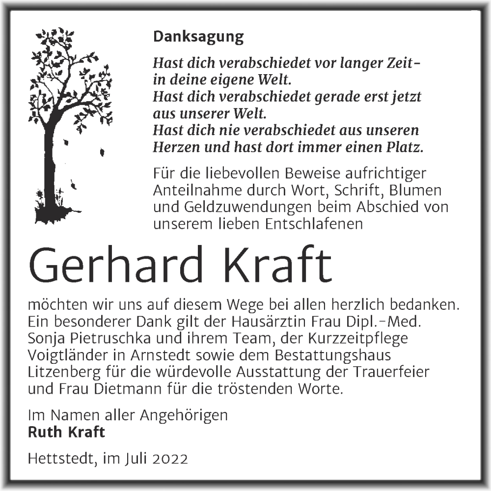  Traueranzeige für Gerhard Kraft vom 23.07.2022 aus Trauerkombi Mansfelder Land