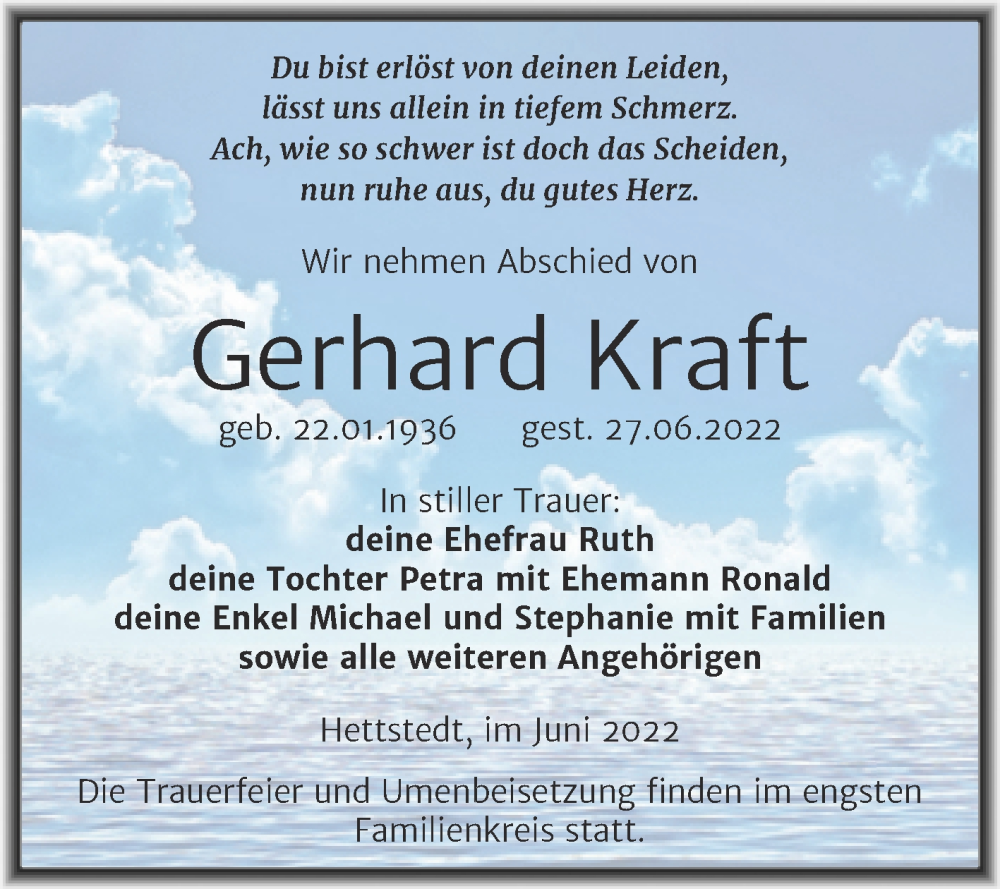  Traueranzeige für Gerhard Kraft vom 09.07.2022 aus Trauerkombi Mansfelder Land