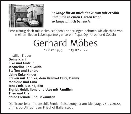 Traueranzeige von Gerhard Möbes von Mitteldeutsche Zeitung Quedlingburg