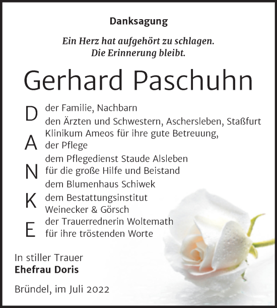 Traueranzeige von Gerhard Paschuhn von Trauerkombi Bernburg