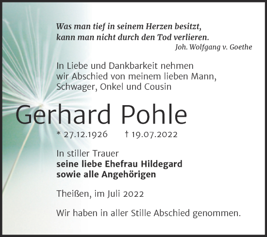 Traueranzeige von Gerhard Pohle von Trauerkombi Zeitz