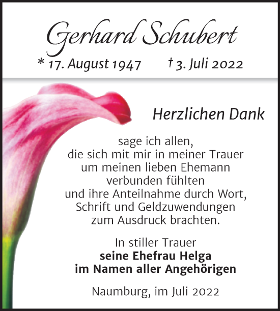 Traueranzeige von Gerhard Schubert von Wochenspiegel Naumburg/Nebra