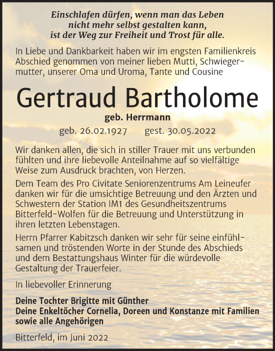 Traueranzeige von Gertraud Bartholome von Trauerkombi Bitterfeld