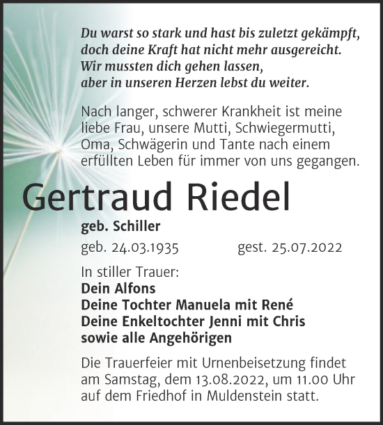 Traueranzeige von Gertraud Riedel von Trauerkombi Bitterfeld