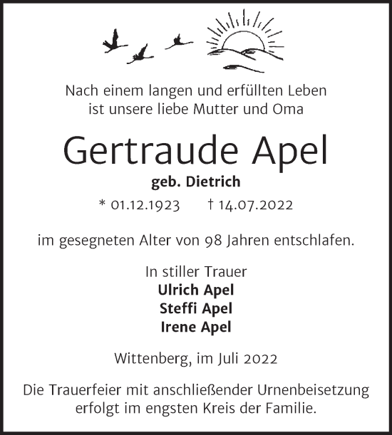 Traueranzeige von Gertraude Apel von Trauerkombi Wittenberg