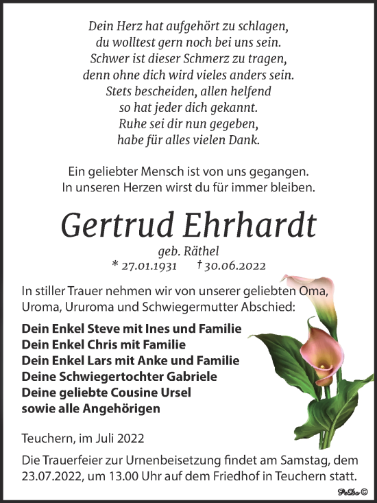 Traueranzeige von Gertrud Ehrhardt von Trauerkombi Weißenfels