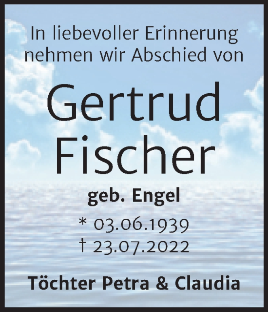 Traueranzeige von Gertrud Fischer von Trauerkombi Bernburg