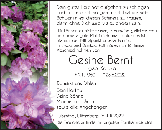 Traueranzeige von Gesine Bernt von Mitteldeutsche Zeitung