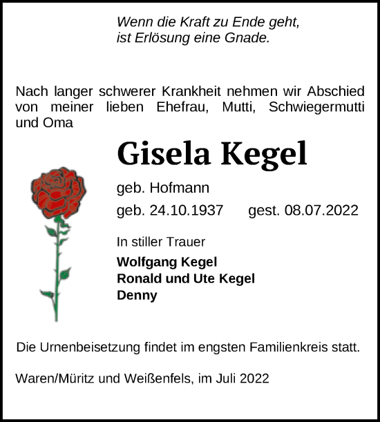 Traueranzeige von Gisela Kegel von Mitteldeutsche Zeitung Weißenfels