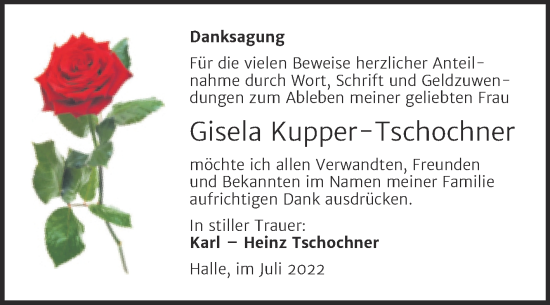 Traueranzeige von Gisela Kupper-Tschochner von Mitteldeutsche Zeitung Halle/Saalkreis