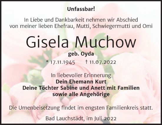 Traueranzeige von Gisela Muchow von Trauerkombi Merseburg