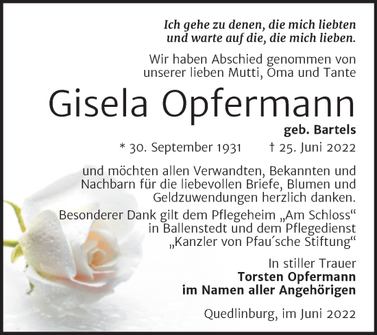 Traueranzeige von Gisela Opfermann von Trauerkombi Quedlinburg