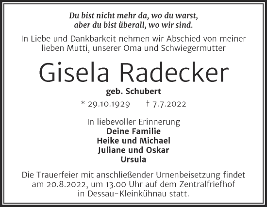 Traueranzeige von Gisela Radecker von Trauerkombi Dessau