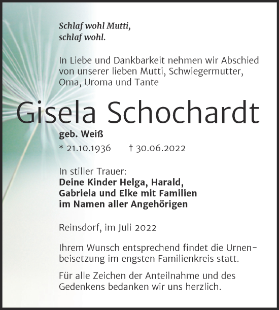 Traueranzeige von Gisela Schochardt von Wochenspiegel Naumburg/Nebra