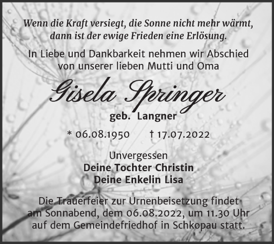 Traueranzeige von Gisela Springer von Trauerkombi Merseburg