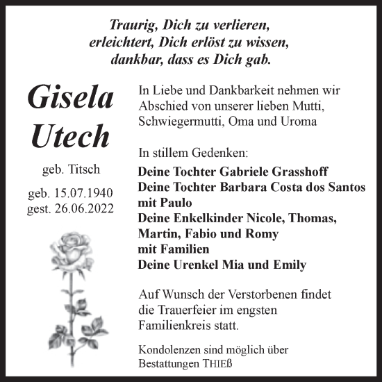 Traueranzeige von Gisela Utech von Trauerkombi Quedlinburg