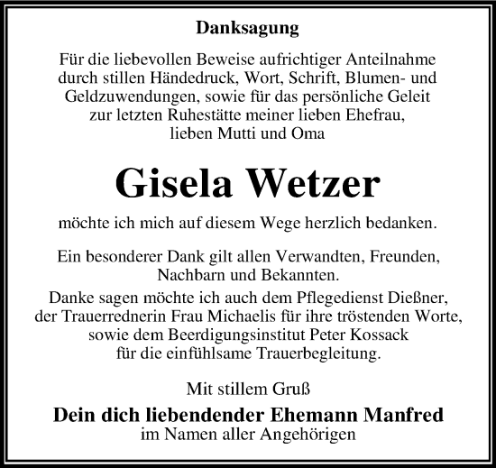 Traueranzeige von Gisela Wetzer von Trauerkombi Dessau