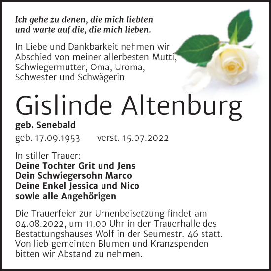 Traueranzeige von Gislinde Altenburg von Trauerkombi Weißenfels