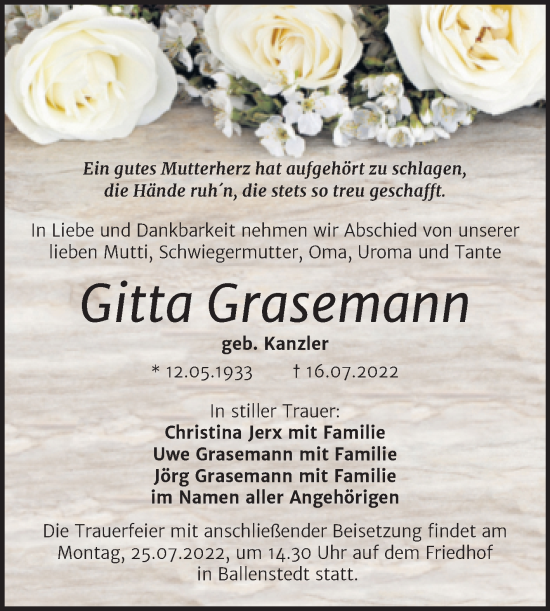 Traueranzeige von Gitta Grasemann von Trauerkombi Quedlinburg