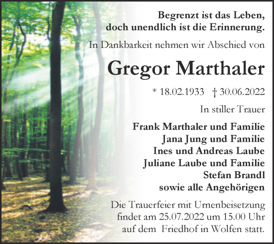 Traueranzeige von Gregor Marthaler von Trauerkombi Bitterfeld