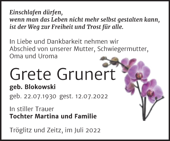 Traueranzeige von Grete Grunert von Trauerkombi Zeitz