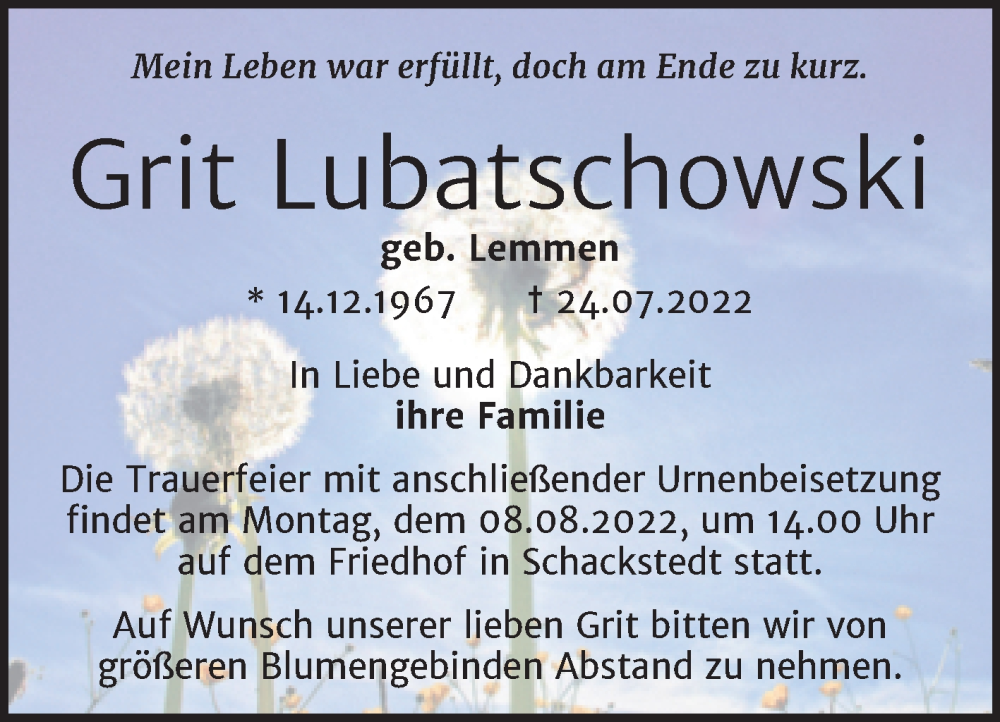  Traueranzeige für Grit Lubatschowski vom 30.07.2022 aus Trauerkombi Bernburg